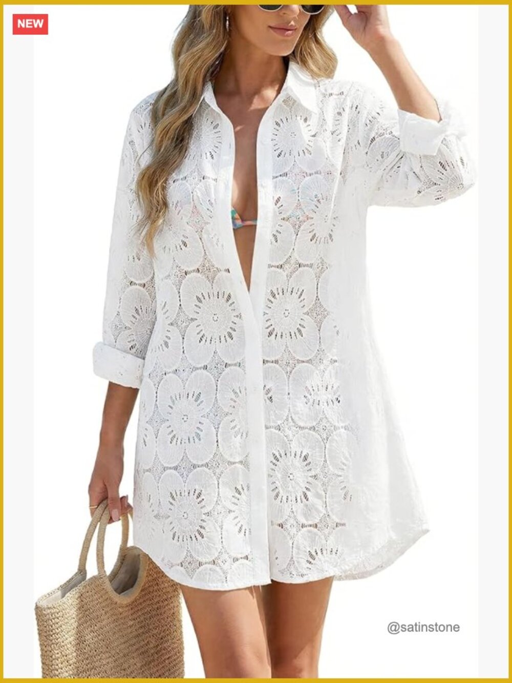 Eyelet Lace Swimsuit Coverup Button Down Long Sleeve Beach Dress